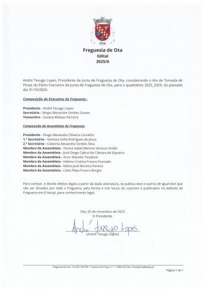 Composi&ccedil;&atilde;o do Executivo e da Assembleia de Freguesia de Ota
