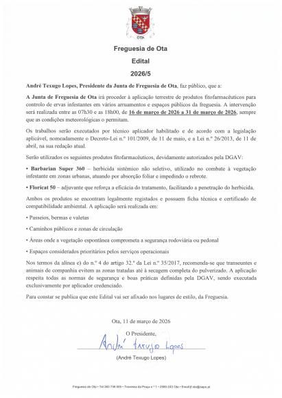 APLICA&Ccedil;&Atilde;O DE PRODUTOS FITOFARMACEUTICOS - RUAS DA FREGUESIA (16/03/2026 A 31/03/2026)
