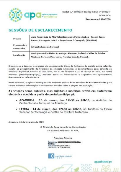 LINHA FERROVIÁRIA DE ALTA VELOCIDADE ENTRE LISBOA E PORTO - FASE 2: TROÇO SOURE/CARREGADO, LOTE C - TROÇO SOURE/ CARREGADO (AIA3760)