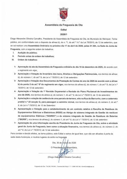 EDITAL - ASSEMBLEIA DE FREGUESIA DE OTA