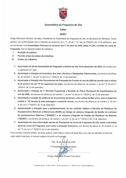 EDITAL - ASSEMBLEIA DE FREGUESIA DE OTA