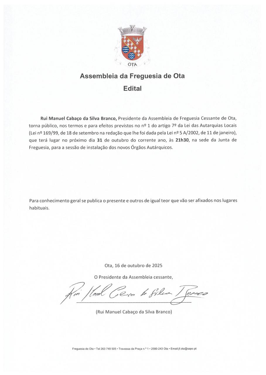 EDITAL - ASSEMBLEIA DE FREGUESIA DE OTA